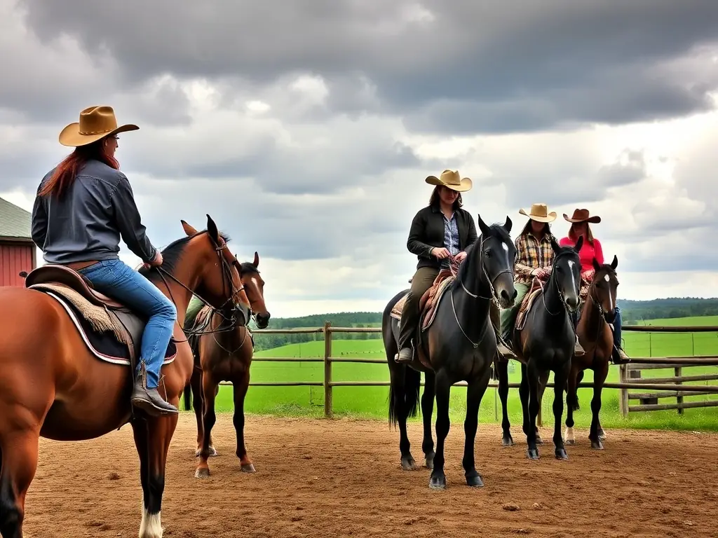 A group of riders participating in a Western riding clinic, focusing on horsemanship and skill development in a rural setting.