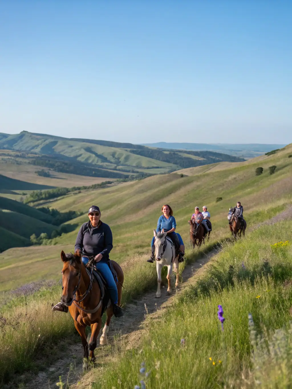 A scenic shot of a group of riders enjoying a trail ride through the French countryside with MARGERIDE WESTERN HORSES.