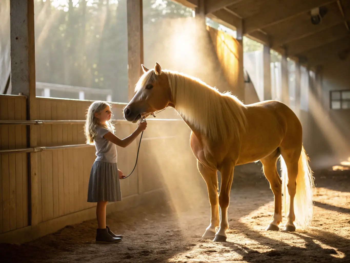 A photograph of children participating in a horse care workshop, learning about grooming, feeding, and general horse welfare.