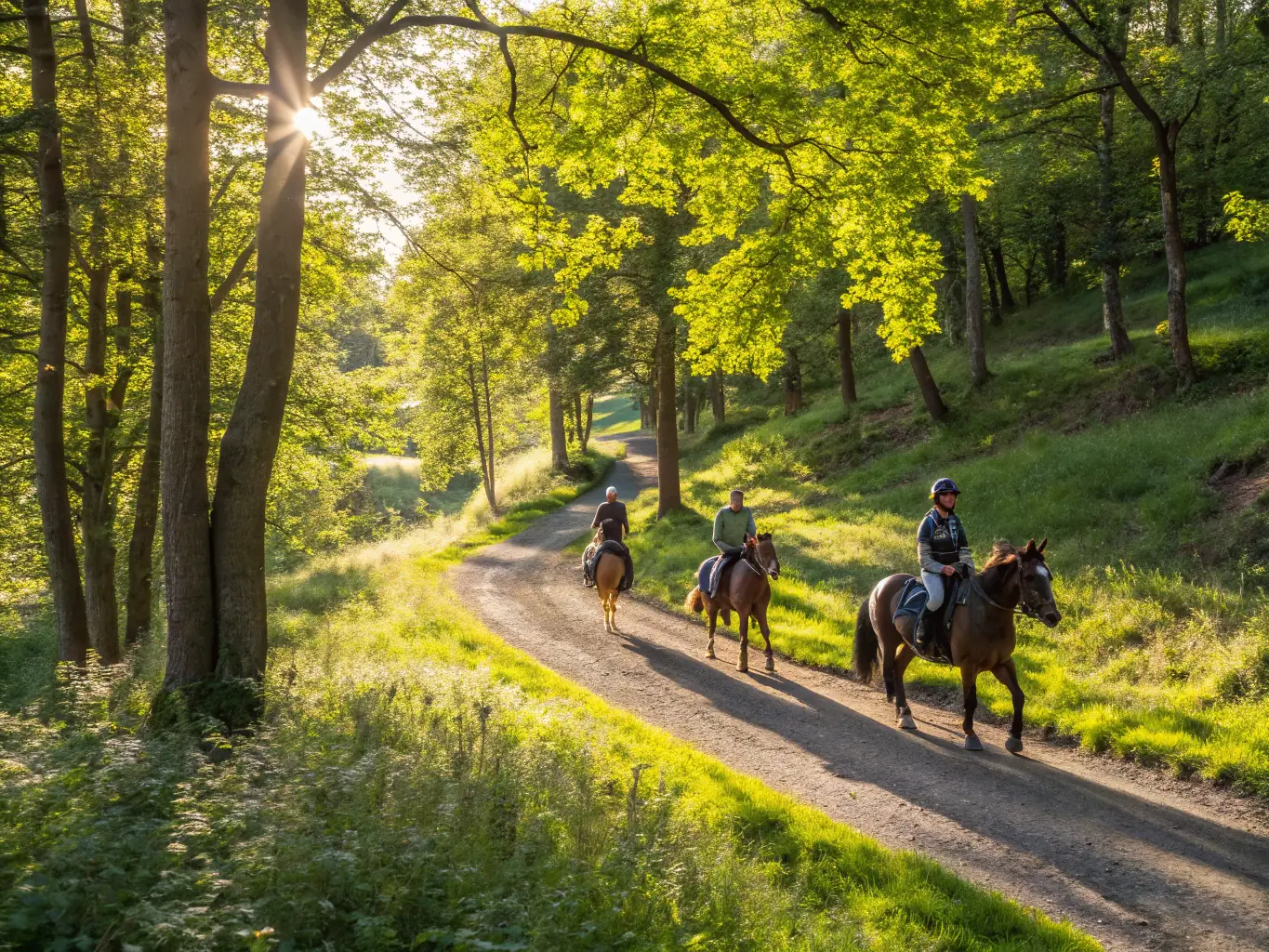 A scenic image of a trail ride through the French countryside, showcasing the beauty of the landscape and the joy of horseback riding.