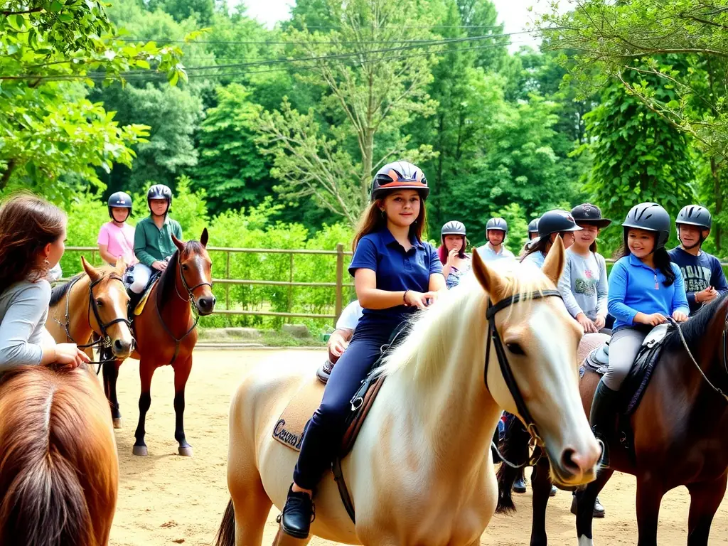 A diverse group of riders participating in a Western riding lesson in an outdoor arena, with a focus on inclusivity and accessibility.