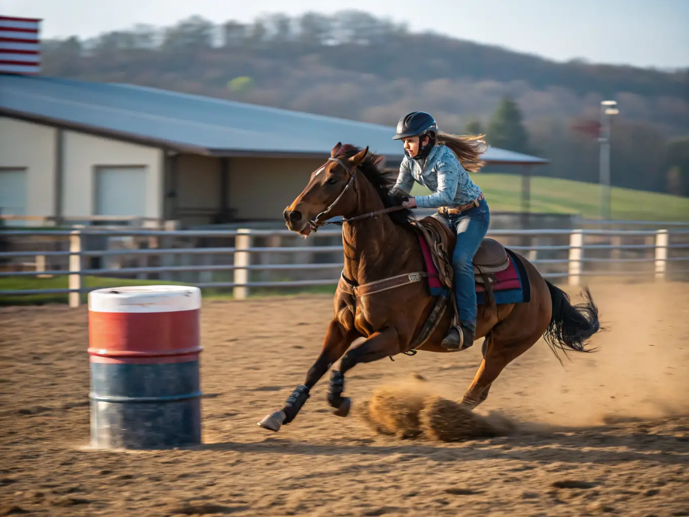 An image of a horse and rider competing in a barrel racing event, highlighting the speed and agility required in this discipline.
