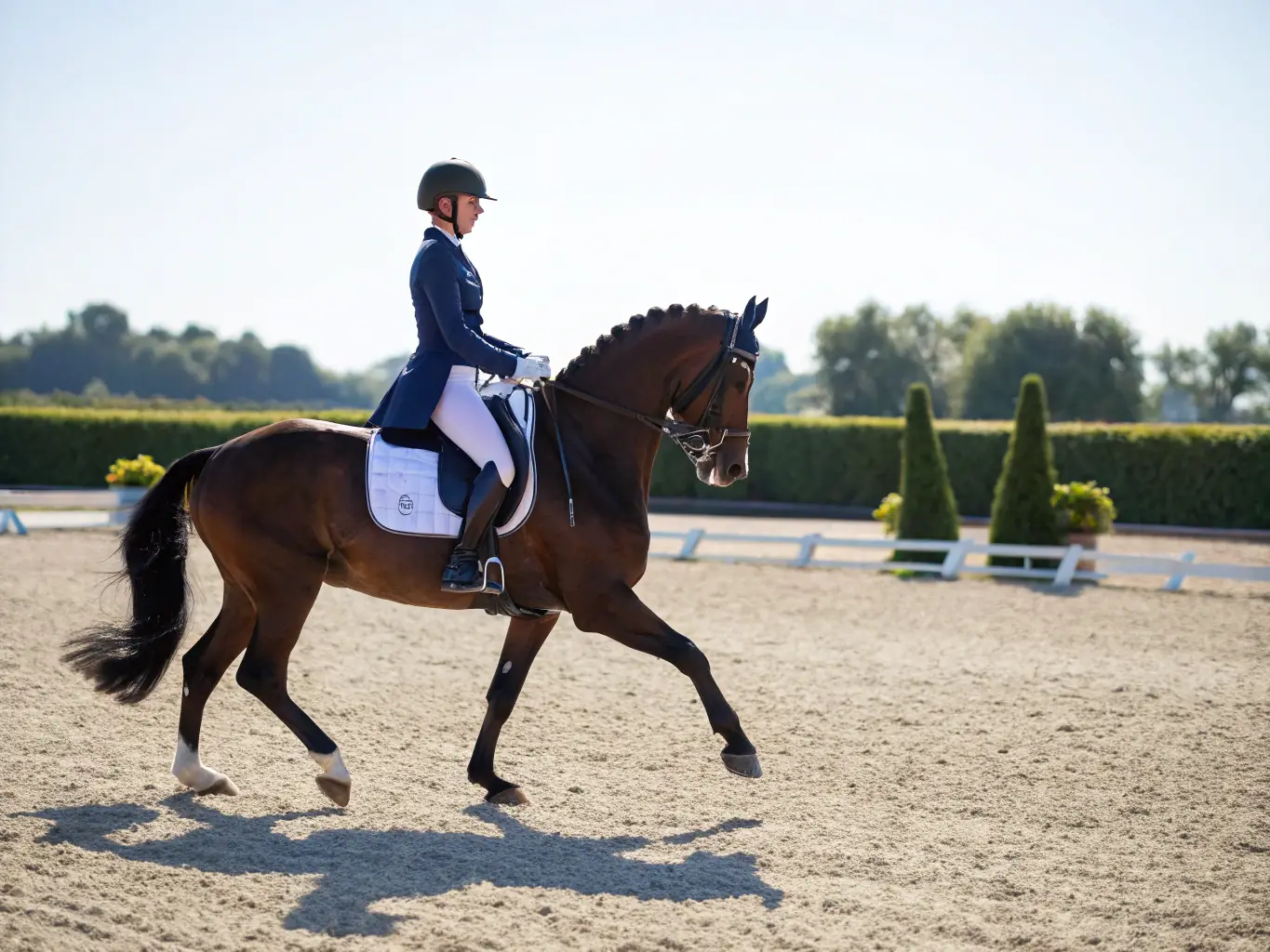 A scenic view of a Western riding arena with a horse and rider performing a reining pattern, demonstrating precision and control.