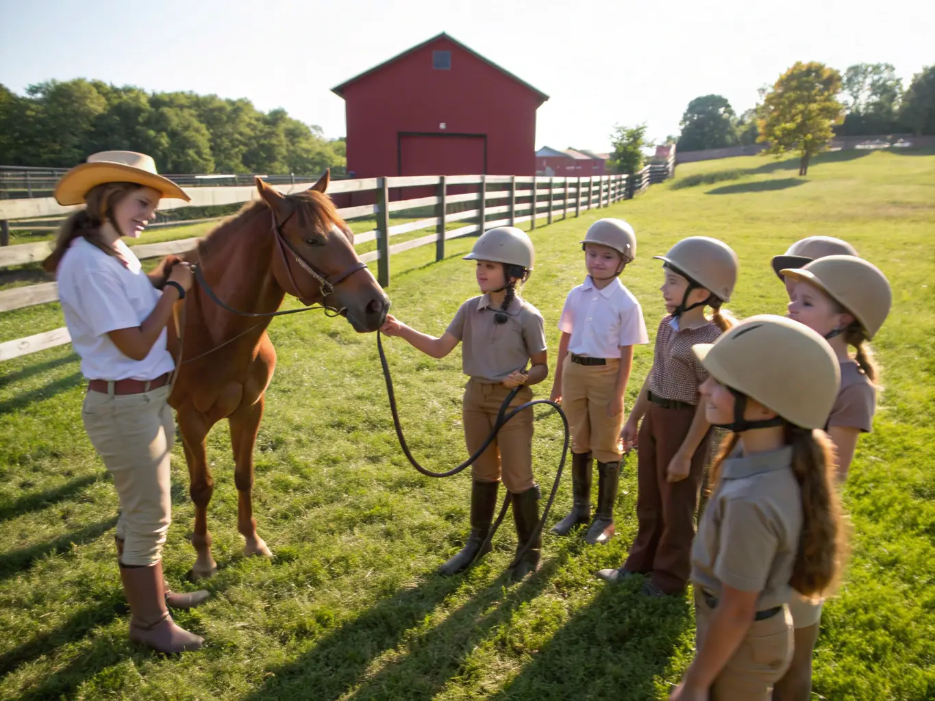A photograph of children participating in a summer camp program at MARGERIDE WESTERN HORSES, learning about horse care and basic riding skills.
