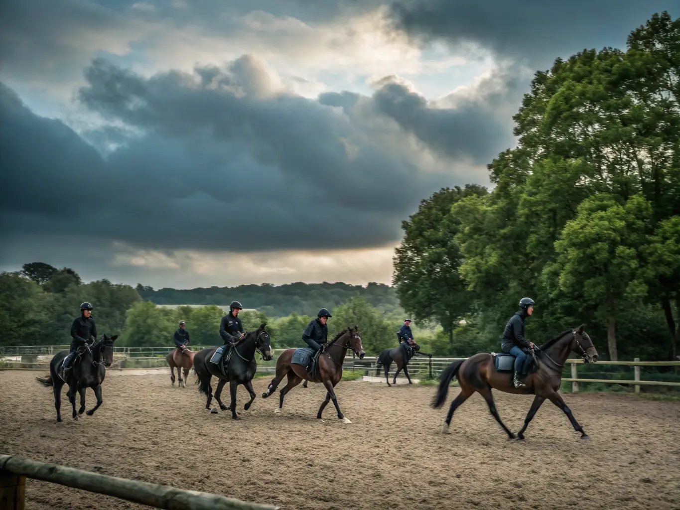 A group of riders participating in a Western riding clinic at MARGERIDE WESTERN HORSES, focusing on horsemanship and skill development.