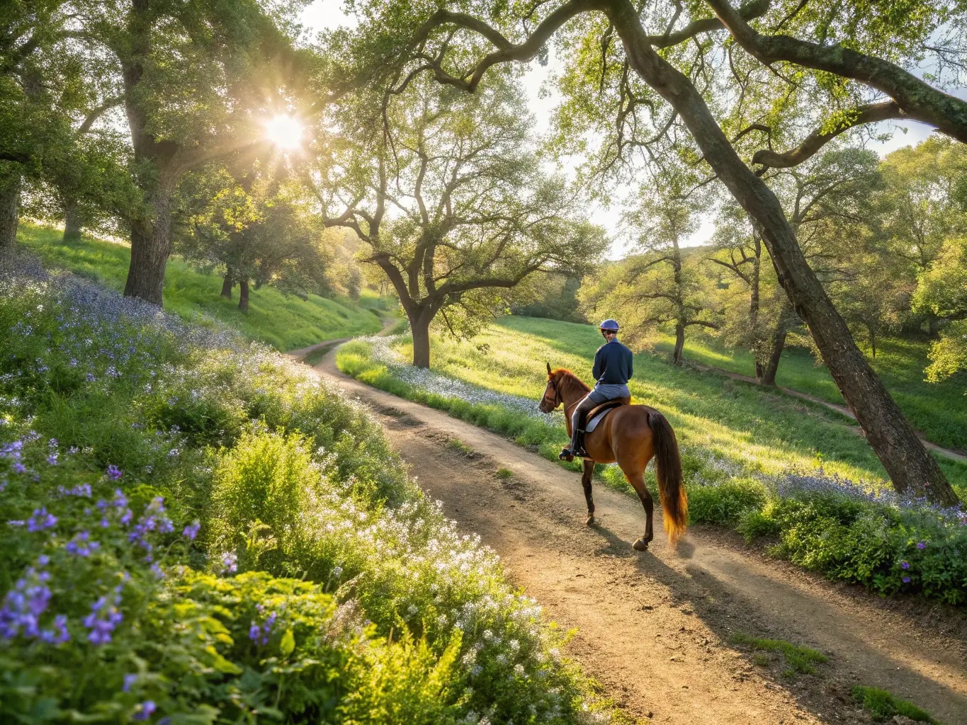 A scenic image of a horse and rider participating in a trail riding excursion through the French countryside, showcasing the beauty of the natural landscape.